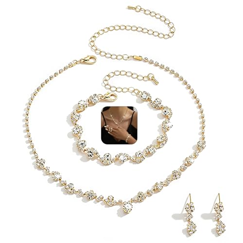 Prom Earrings Necklace Bracelet Set Elegant Crystal Rhinestone Necklace Earrings Bracelet Bridal Wedding Prom Dresses Costume Outfit Gold Jewelry Sets for Women - color: Gold