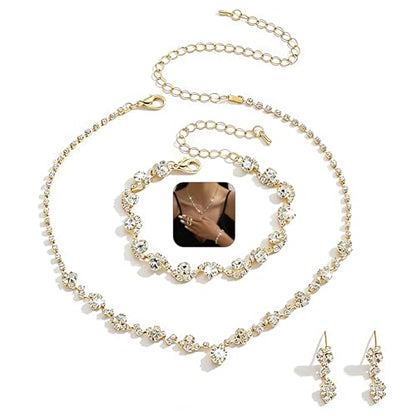 Prom Earrings Necklace Bracelet Set Elegant Crystal Rhinestone Necklace Earrings Bracelet Bridal Wedding Prom Dresses Costume Outfit Gold Jewelry Sets for Women - color: Gold