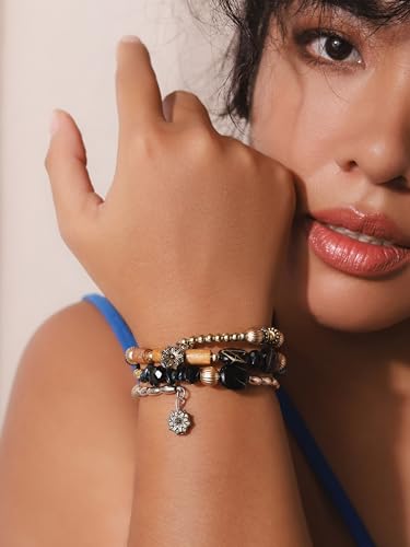 MINACHI Summer Boho Retro Style Multilayer Wrap Irregular Beads with Golden Flower Charm Bracelets, Blue Tone, Ethnic Jewelry for Women - style: Bracelet R17-017