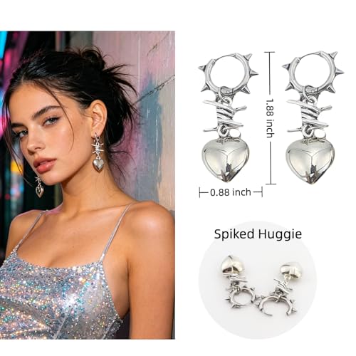 Punk Silver Heart Dangle Earrings with Spiked Huggie, Stainless Steel Gothic Spiky Hoop Earrings, Emo Y2K Edgy Jewelry for Women Streetwear Gift