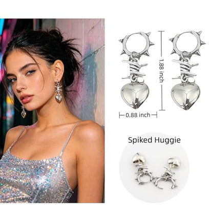Punk Silver Heart Dangle Earrings with Spiked Huggie, Stainless Steel Gothic Spiky Hoop Earrings, Emo Y2K Edgy Jewelry for Women Streetwear Gift