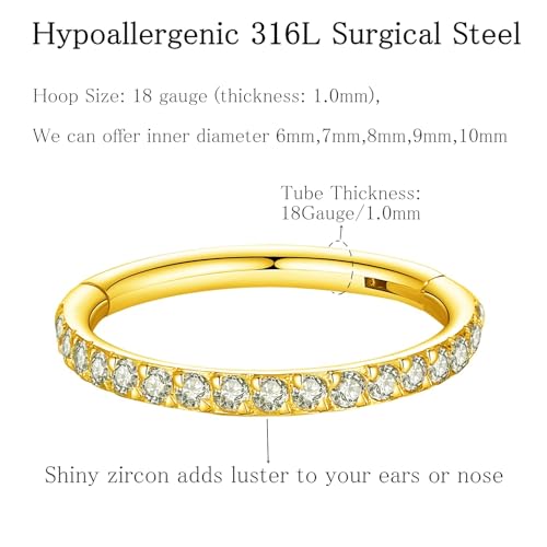 ORANGELOVE 20G 18G 16G Clear CZ Nose Ring Hoop 316L Surgical Steel Seamless Silver Septum Ring Clicker Jewelry Cartilage Earring Ear Piercing Hoop Earrings for Women Men Helix Rook Lobe Conch Tragus Daith Lip Hinged Piercing Jewelry with Cubic Zirconia -