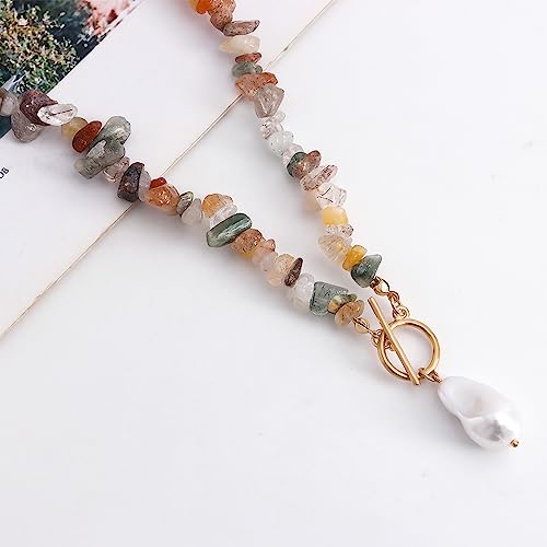 Bohemian Stone Pearl Choker Necklace for Women Dainty Natural Irregular Stone Choker Turquoise Beaded Lariat Necklace Simple Fashion OT Toggle Spiritual Handmade Jewelry - color: Whit Brown