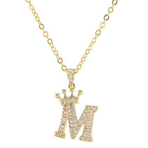 Pingyongchang Letter A-Z pendant necklace Crown letter pendant Charming initials chain necklace, inlaid crystal letter necklace - color: crown-M
