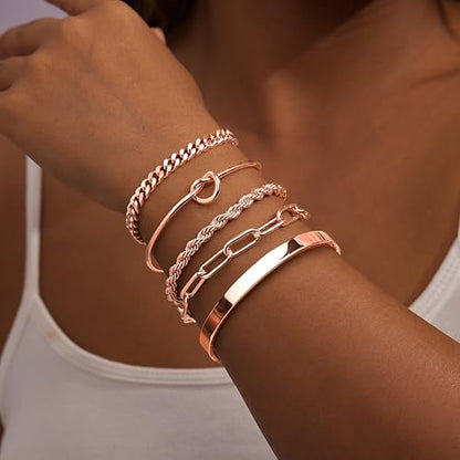 Gokeey Sterling Silver Cuff Bangle Bracelet Set for Women Waterproof, Non Tarnish S925 Silver Chunky Cuban Link Chain Heart Love Infinity Tie Knot Paperclip Beaded Twist Rope Silver Bracelets Fashion Jewelry Gifts Set - color: Rose Gold-Stackable Bangles