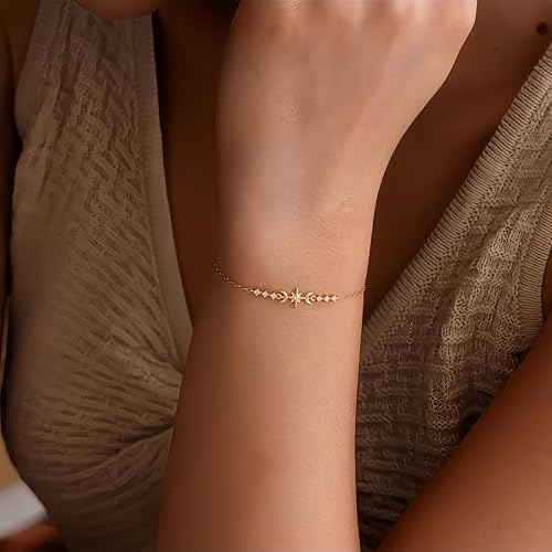 18K Gold Plated Star and Moon Bracelet for Women, Dainty Cubic Zirconia Celestial Adjustable Bracelet, Minimalist Everyday Jewelry Gift for Her