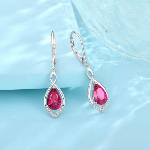 Infinity Teardrop Earrings 925 Sterling Silver Dangle Drop Leverback Earrings Birthstone Jewelry for Women - color: Red