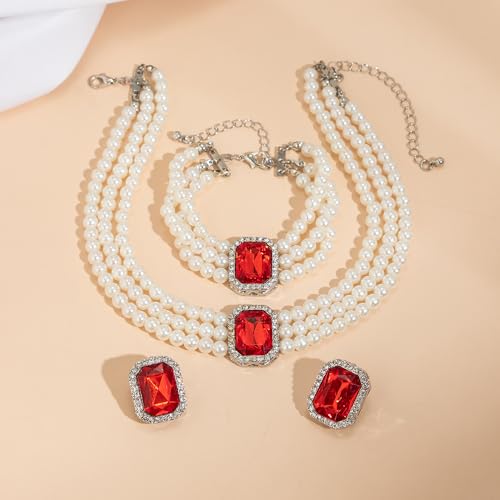 Wekicic Faux Pearl Necklace Earrings Set for Women Crystal Pearl Choker Necklace Bracelet Set 1920s Jewelry for Wedding Party - color: Red