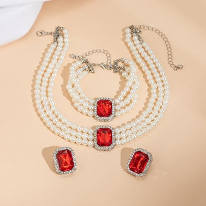 Wekicic Faux Pearl Necklace Earrings Set for Women Crystal Pearl Choker Necklace Bracelet Set 1920s Jewelry for Wedding Party - color: Red