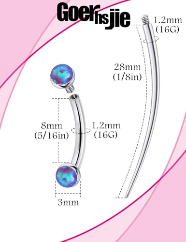 F136 Titanium 16g 6/8/10mm Opal Eyebrow/Rook/Snug/Vertical-Labret/VCH/Snake-Eyes/Anti-Tragus/Christina/Daith/Belly-Button/Bridge/Hood/Surface Curved Barbell Piercing Jewelry for Women Men - color: Purple, size: 8mm=5/16in