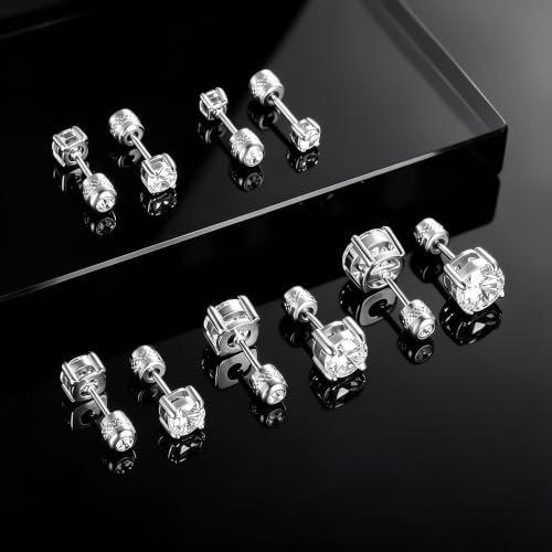 5 Pairs Screw Back Stud Earrings Set, Cubic Zirconia Stud Earring for Women Men Hypoallergenic 316L Surgical Stainless Steel Round Cut CZ 3-7mm - color: White Gold Plated