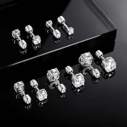 5 Pairs Screw Back Stud Earrings Set, Cubic Zirconia Stud Earring for Women Men Hypoallergenic 316L Surgical Stainless Steel Round Cut CZ 3-7mm - color: White Gold Plated