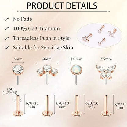 NICEIGHT 4Pcs 16G G23 Titanium Threadless Push in Labret Monroe Studs Lip Rings Hypoallergenic Cartilage Stud Earrings for Sensitive Ear Flat Back Stud Helix Tragus Conch Piercing Jewelry 6/8/10MM - color: Rose Gold, size: 6MM