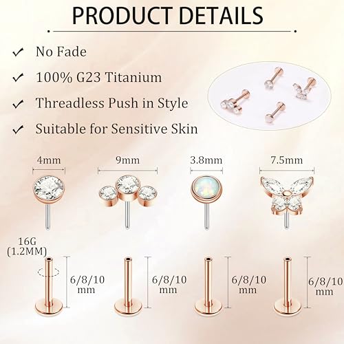 NICEIGHT 4Pcs 16G G23 Titanium Threadless Push in Labret Monroe Studs Lip Rings Hypoallergenic Cartilage Stud Earrings for Sensitive Ear Flat Back Stud Helix Tragus Conch Piercing Jewelry 6/8/10MM - color: Rose Gold, size: 10MM