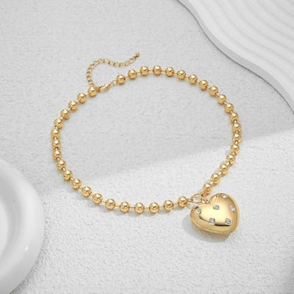 CLASSYZINT Gold Heart Pendant Necklace for Women Puffy Heart Necklace Beads Chain Necklace Statement Necklace Trendy Jewelry - style: XL22340A
