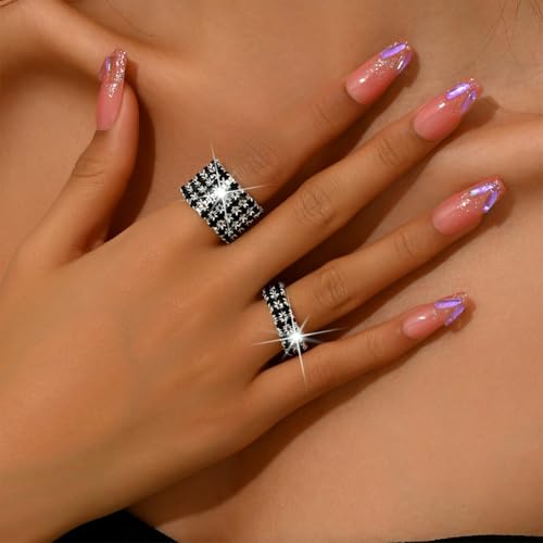 Fashion Silver Bling Rhinestone Crystal Stretch Rings Set for Women | Sparkly Rhinestone Elastic Finger Nail Ring Glitter Stretchy Stack Statement Knuckle Rings Cocktail Jewelry Accessories Pack - color: Black-1