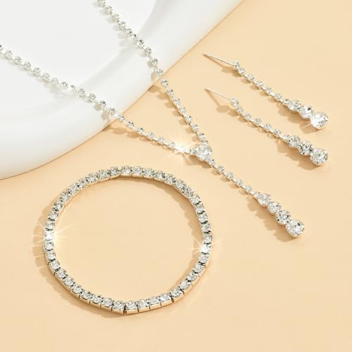 MIFYNN Rhinestone Wedding Set for Women Sparkle Crystal Earrings Necklace Bracelet Jewelry Set Wedding Party Prom Jewelry Set for Brides Bridesmaid - color: Silver