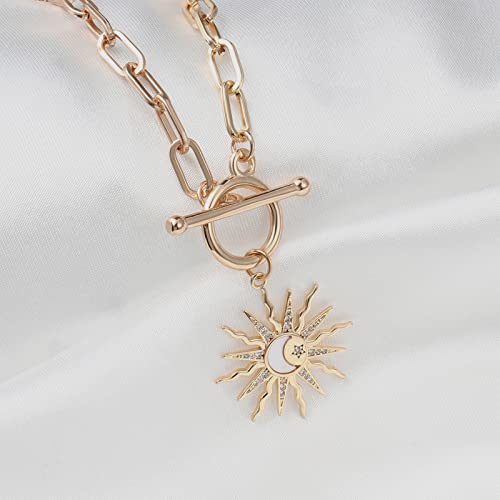 DoreenBeads 18K Gold Sun Moon Star Compass Pendant Necklace | Chunky Toggle Paperclip Chain Necklace with Heart Daisy Bee Charms for Women Girls 20 Inches - color: Sun