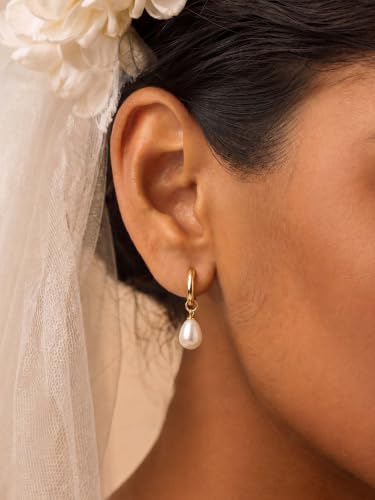 Pearl Drop Earrings 14K Gold Plated Dainty Bridesmaid Jewelry Gift - color: Gold-A
