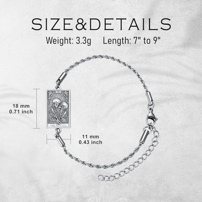PELOVNY Tarot Card Bracelet 925 Sterling Silver Moon Cat Sun Sunflower Lovers Skull Pendant Lion Anklet Spiritual Tarot Jewelry Christmas Birthday Gifts for Women Men - style: Lovers_7" to 9"