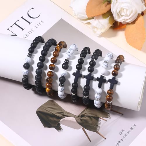 Giovanchi 4-12PCS Bracelets for Men, 8MM Mens Bracelets Lava Rock Black Obsidian Howlite Tiger Eye Beaded Natural Stone Bracelet Jewelry Gifts for Birthday Christmas - style: 8Pcs E