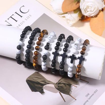 Giovanchi 4-12PCS Bracelets for Men, 8MM Mens Bracelets Lava Rock Black Obsidian Howlite Tiger Eye Beaded Natural Stone Bracelet Jewelry Gifts for Birthday Christmas - style: 8Pcs E