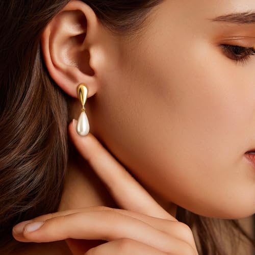 Pearl Earrings for Women 14k Gold/Silver Pearl Drop Earrings Long White Pearl Tassel Dangle Statement Earrings Bridal Wedding Dainty Prom Earrings Birthday Gifts Jewelry - color: Gold Teardrop Pearl Drop Earrings
