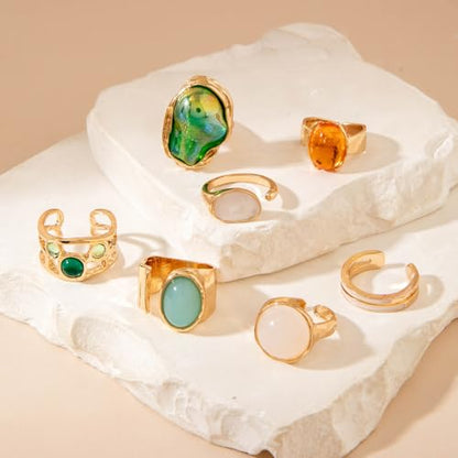 Chunky Gemstone Rings for Women Gold Silver Chunky Rings Set Adjustable Thick Statement Ring Trendy Fashion Silver Jewelry - style: Green