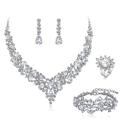 Wedding Bridal Jewelry Set for Women Bride Bridesmaids | Gorgeous Austrian Crystal Teardrop Cluster Statement Necklace Dangle Earrings Link Bracelet Set Prom Jewellery - color: 4Pcs-Clear Rhodium-Tone