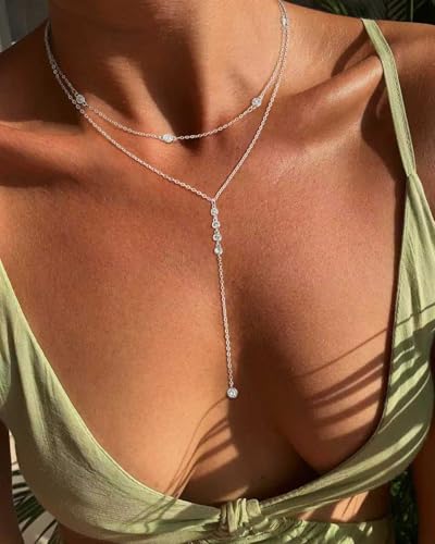 Lariat Necklace for Women, Dainty Long Necklaces, 14k Gold/Silver Plated Y-Shaped Drop Chain Necklace, Simple Layered Necklaces, Trendy Jewelry Gifts - style: CZ Layered Y Necklace-Silver