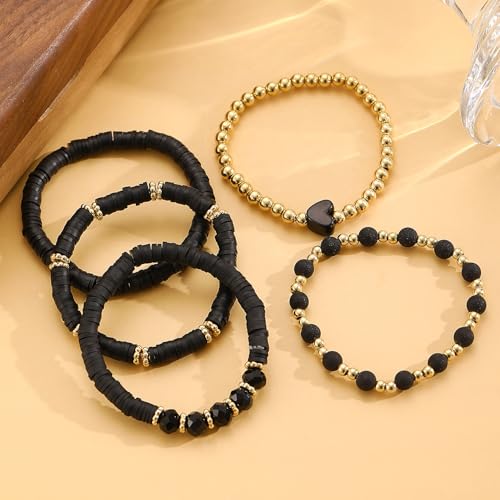 Alegend 14K Gold Plated Stackable Multilayer Bracelets + Titanium Steel(Not Rust, Resist Corruption, Easily Clean) 18K Gold Plated Single Bracelets - color: 14K Gold Plated Black Beaded