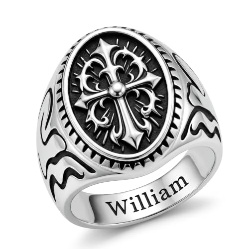 Dacc & Aya Custom Engraved Vintage Signet Ring 925 Sterling Silver Black Oxidized Personalized Statement Jewelry for Men - style: D-Cross