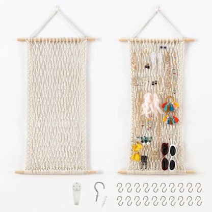 Hanging Jewelry Mesh Organizer with 20 Pieces S Shape Hooks | Macrame,Wall Mounted,Necklaces Storage,Earring Display Rack,Girls Hair Clips Hanger,for Bracelets and Rings, Beige - color: beige