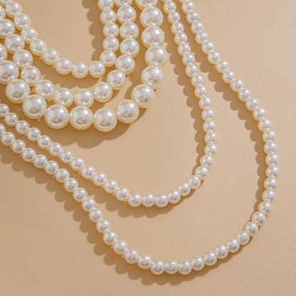 Chunky Long Layered Pearl Necklaces for Women 1920s Multi Strand Layering Faux Pearls Pendant Necklace Vintage Large Stack Statement Jewelry