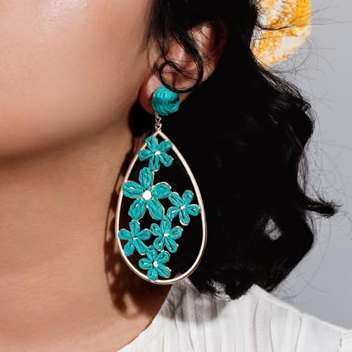 Boho Raffia Flower Teardrop Earrings Cute Colorful Dangle Trendy Jewelry | Floral Drop Statement Big Dangling Earring Hypoallergenic Gold Fun Unique Summer Spring Beach Vacation Outfits for Women - color: Teal