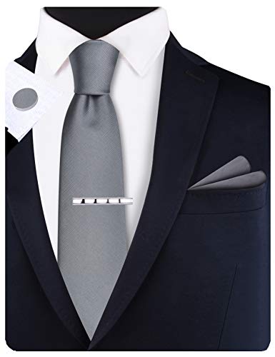 GUSLESON New 3.15"（8cm） Solid Color Necktie and Pocket Square Cufflinks Clip Set - color: Gray