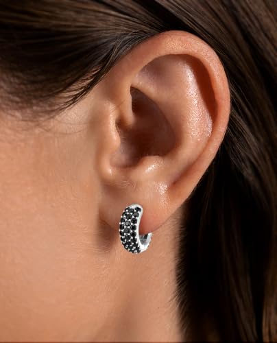 Gokeey Cubic Zirconia Hoop Earrings for Women, Sterling Silver Plated Small Huggie Hoops CZ Pave Chunky Thick Earrings Non Tarnish Hypoallergenic Lightweight Jewelry April Birthstone Gifts - color: Black Diamond-Silver
