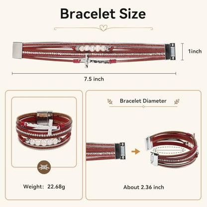 Vercret Leather Wrap Bracelet for Women, Multi-Layer Cuff Bangle | Boho Stacked Bracelets with Safe Clasp Western Bangle Jewelry Gift for Lady and Mom Sister Friend - style: Red