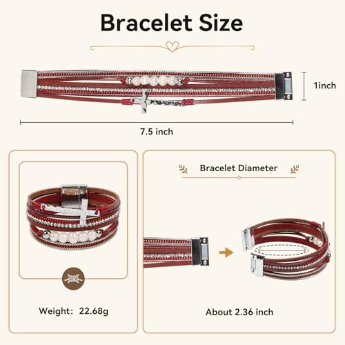 Vercret Leather Wrap Bracelet for Women, Multi-Layer Cuff Bangle | Boho Stacked Bracelets with Safe Clasp Western Bangle Jewelry Gift for Lady and Mom Sister Friend - style: Red