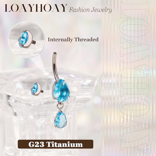 14G G23 Pure Titanium Dangle Belly Button Ring for Women Dangling CZ Navel Ring Teardrop Curved Barbell Belly Rings Internally Threaded Belly Piercing Jewelry - color: Blue