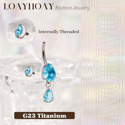 14G G23 Pure Titanium Dangle Belly Button Ring for Women Dangling CZ Navel Ring Teardrop Curved Barbell Belly Rings Internally Threaded Belly Piercing Jewelry - color: Blue