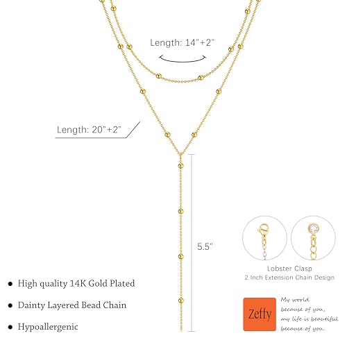 Zeffy Lariat Gold Necklace for Women, Dainty Long Necklace 14k Gold/Silver Plated Layered CZ Beaded Bar Chain Y-Shaped Body Chain Stack Drop Wedding Necklace Trendy Simple Gold Jewelry Gifts - color: Gold Bead Y Necklace (1PCS)