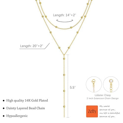 Zeffy Lariat Gold Necklace for Women, Dainty Long Necklace 14k Gold/Silver Plated Layered CZ Beaded Bar Chain Y-Shaped Body Chain Stack Drop Wedding Necklace Trendy Simple Gold Jewelry Gifts - color: Gold Bead Y Necklace (1PCS)
