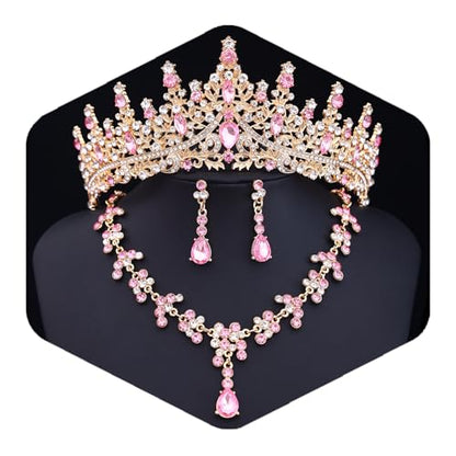 Crystal Crown and Tiara Jewelry Set for Women Bride with Necklace Earrings | Metal Rhinestone Royal Queen Princess Jewelry Set Wedding Quinceanera Pageant Prom Birthday Halloween Party Costume Gift - color: Style E-Pink