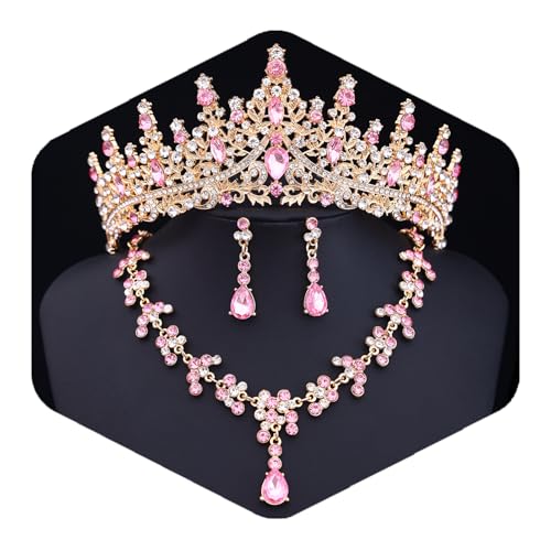 Crystal Crown and Tiara Jewelry Set for Women Bride with Necklace Earrings | Metal Rhinestone Royal Queen Princess Jewelry Set Wedding Quinceanera Pageant Prom Birthday Halloween Party Costume Gift - color: Style E-Pink