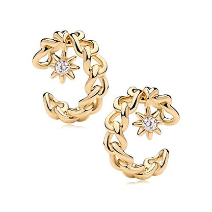 Women Ear Cuff Earring Gold Non Pierced Ear Cartilage Clip on Wrap Hoop 14K Gold Filled Tiny Boho Beach Simple Minimalist Delicate Handmade Hypoallergenic Jewelry Gift-Sold as Single/Pair - style: Chain Hoop with Starburst Dangle /Pair