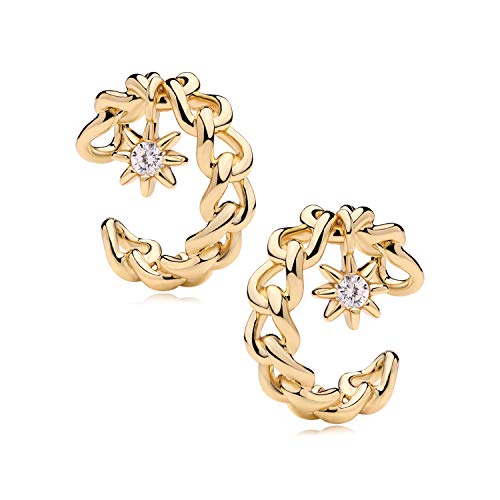 Women Ear Cuff Earring Gold Non Pierced Ear Cartilage Clip on Wrap Hoop 14K Gold Filled Tiny Boho Beach Simple Minimalist Delicate Handmade Hypoallergenic Jewelry Gift-Sold as Single/Pair - style: Chain Hoop with Starburst Dangle /Pair