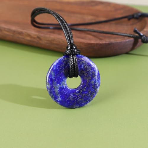 Anjiucc Natural Gemstone Pendant Necklce Lucky Coin Crystal Necklace Donut Pendnat with Adjustable Rope Healing Crystal for Men - color: Lapis Lazuli