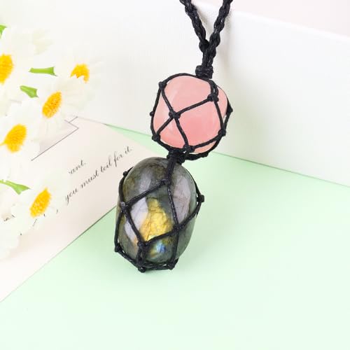 Anjiucc Handmade Crystal Cage Holder with Raw Gemstone Pendant Necklace Natural Stone Healing Crystal Necklace Adjustable Length - color: Labradorite+Rose Quartz
