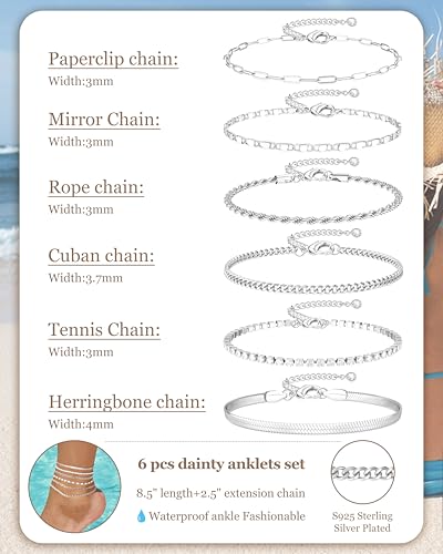 Besteel Ankle Bracelets for Women Waterproof 14K Gold Plated Anklets Set | Non Tarnish Stainless Steel, Plus Size Adjustable 8-12 Inch, Hypoallergenic Layered Cuban Link Chain Summer Foot Jewelry Gift - style: 6 Pcs Silver Tennis-8.5+2.5 Inch